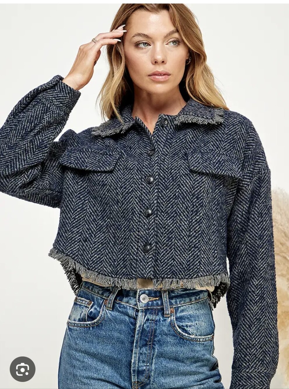 Sage The Label Jacket Women Gray Wool Blend Cropped Herringbone Tweed size L